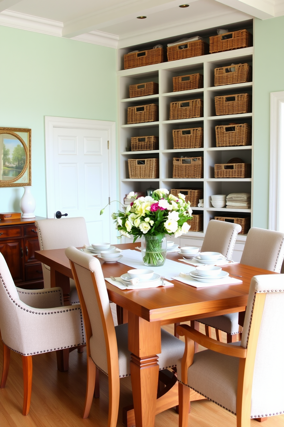 A bright and airy dining room featuring a large wooden table surrounded by comfortable upholstered chairs. Wicker baskets are stylishly arranged on open shelves, providing functional storage while adding a touch of natural texture to the space. The walls are painted in a soft pastel color, enhancing the summery vibe of the room. Fresh flowers in a vase sit at the center of the table, complemented by bright tableware and light linens for a cheerful dining experience.