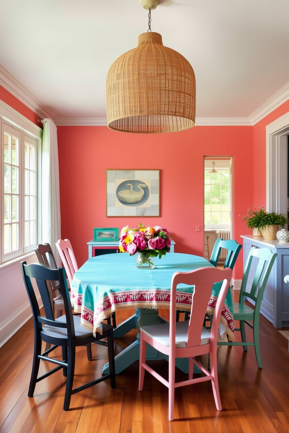 A vibrant summer dining room filled with natural light. The walls are painted in a soft coral hue, and the dining table features a turquoise tablecloth adorned with fresh flowers. Around the table, mismatched chairs in various shades of turquoise and coral create an eclectic yet cohesive look. A large pendant light with a woven design hangs above the table, adding warmth and texture to the space.