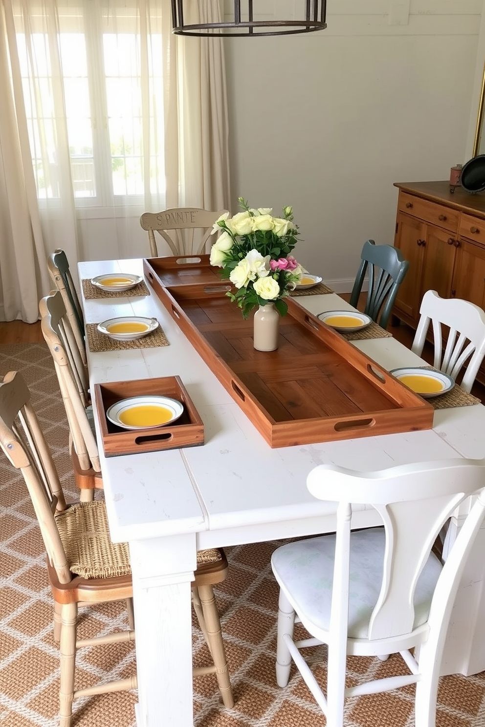 A cozy summer dining room features rustic wooden trays artfully arranged on a long farmhouse table. Surrounding the table are mismatched chairs, each with a unique design, creating an inviting and relaxed atmosphere. The table is adorned with fresh flowers in a simple vase, and colorful plates are set alongside woven placemats. Soft, natural light filters through sheer curtains, enhancing the warm tones of the wooden decor.