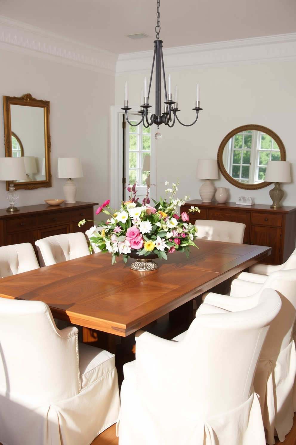 A bright summer dining room filled with natural light. The space features a large wooden dining table surrounded by upholstered chairs in soft pastel colors. On the walls, strategically placed mirrors reflect the sunlight, creating an airy atmosphere. A centerpiece of fresh flowers adds a vibrant touch to the table, enhancing the overall decor.