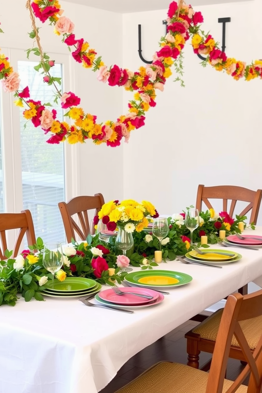 Floral garlands draped across the table create a vibrant and inviting atmosphere. The dining table is adorned with a crisp white tablecloth, and colorful plates are set for a delightful summer meal.