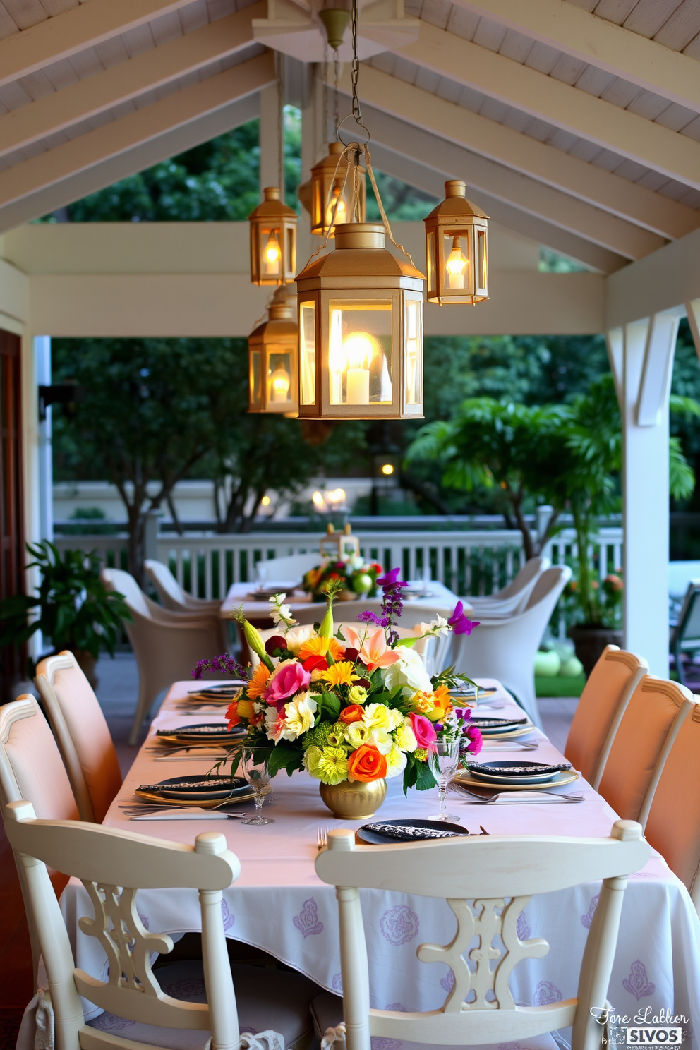 A summer dining room adorned with decorative lanterns casts a warm and inviting glow during evening gatherings. The table is set with a vibrant floral centerpiece, surrounded by comfortable chairs that complement the light, airy atmosphere.