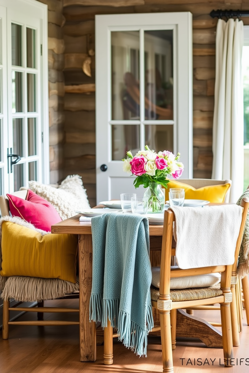 A summer dining room filled with layered textures creates a warm and inviting atmosphere. Plush cushions in vibrant colors adorn the chairs, while soft throws are casually draped over the backs, inviting guests to relax and enjoy their meal. The dining table is set with a mix of rustic wooden elements and elegant tableware. Fresh flowers in a simple vase add a touch of nature, complementing the bright and airy feel of the room.