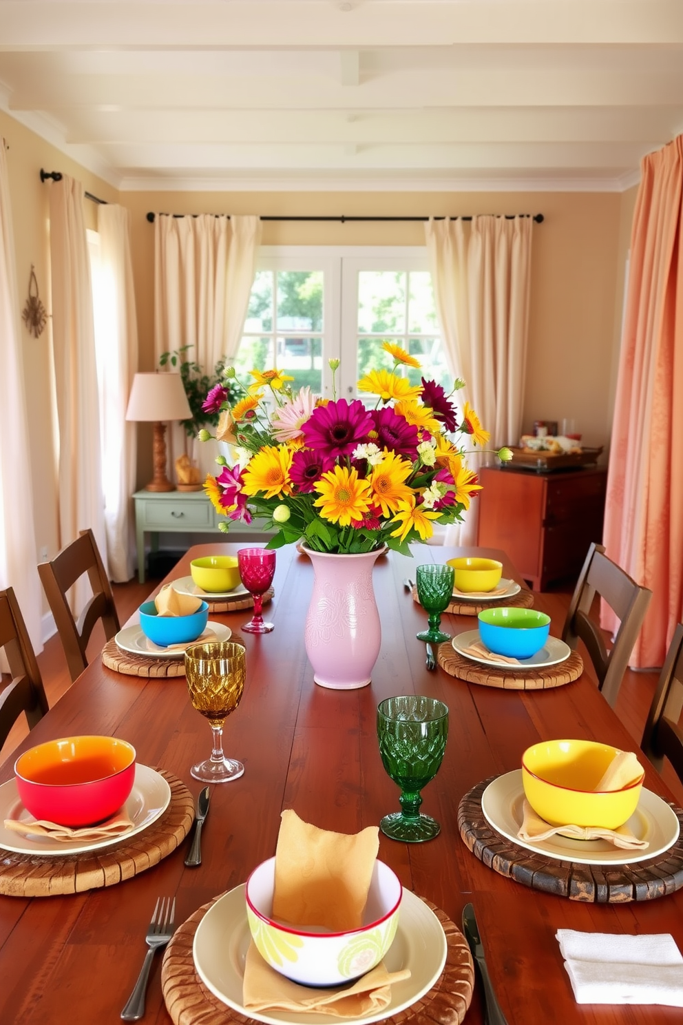 A vibrant summer dining room features a large wooden table set with colorful plates and glasses. Fresh flowers in a bright vase center the table, complemented by cheerful napkins and rustic wooden chargers. The walls are adorned with light, airy curtains that flutter gently in the breeze. Natural light floods the room, enhancing the warm tones of the decor and creating a welcoming atmosphere for gatherings.