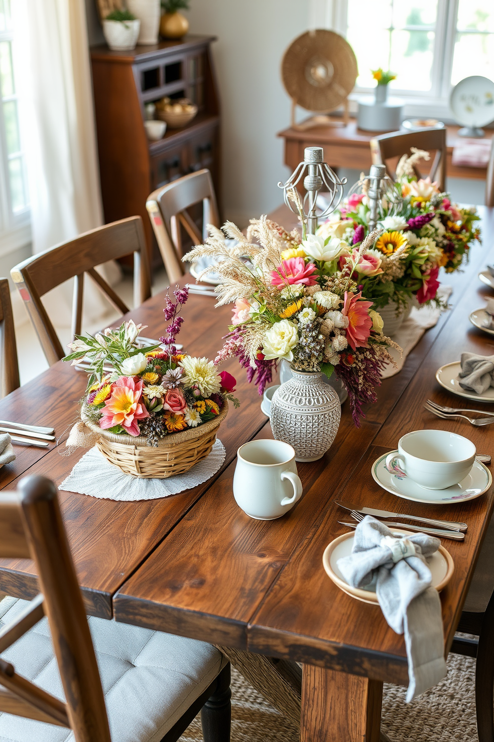 Artistic centerpieces featuring local crafts are beautifully arranged on a rustic wooden dining table. Handwoven baskets filled with seasonal flowers and vibrant textiles create a warm and inviting atmosphere. For summer dining room decorating ideas, soft pastel colors and natural materials are used to enhance the space. Light linen tablecloths paired with handmade ceramic dinnerware add a touch of elegance and charm.