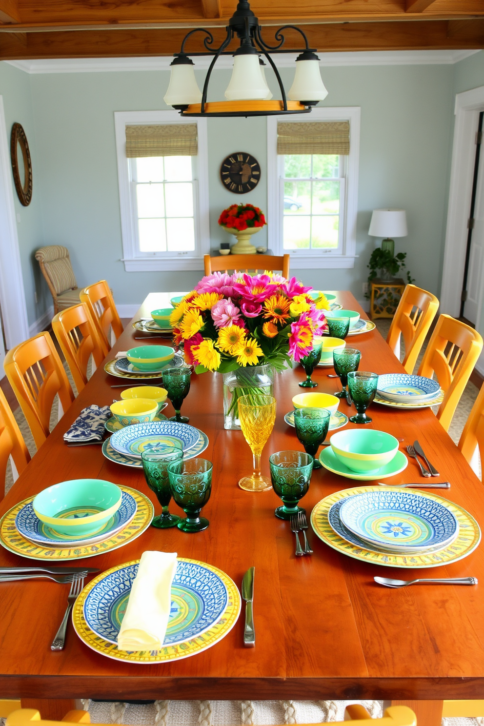 A vibrant summer dining room features a large wooden table set with an array of colorful dishware. Brightly patterned plates, bowls, and glasses in shades of blue, yellow, and green create a cheerful atmosphere, complemented by fresh flowers in a centerpiece vase.