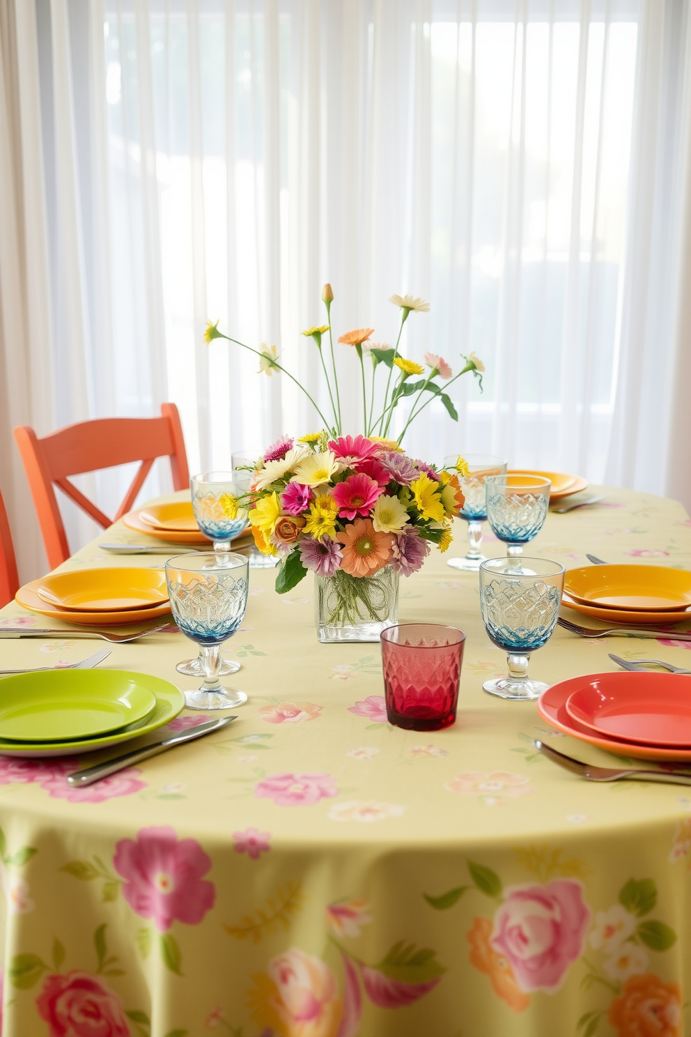 Bright table settings for cheerful meals. The table is adorned with a vibrant tablecloth featuring floral patterns, complemented by colorful dinnerware and sparkling glassware. Fresh flowers in a variety of hues are arranged in a central vase, adding a lively touch to the setting. Soft, natural light filters through sheer curtains, creating an inviting atmosphere for summer dining.