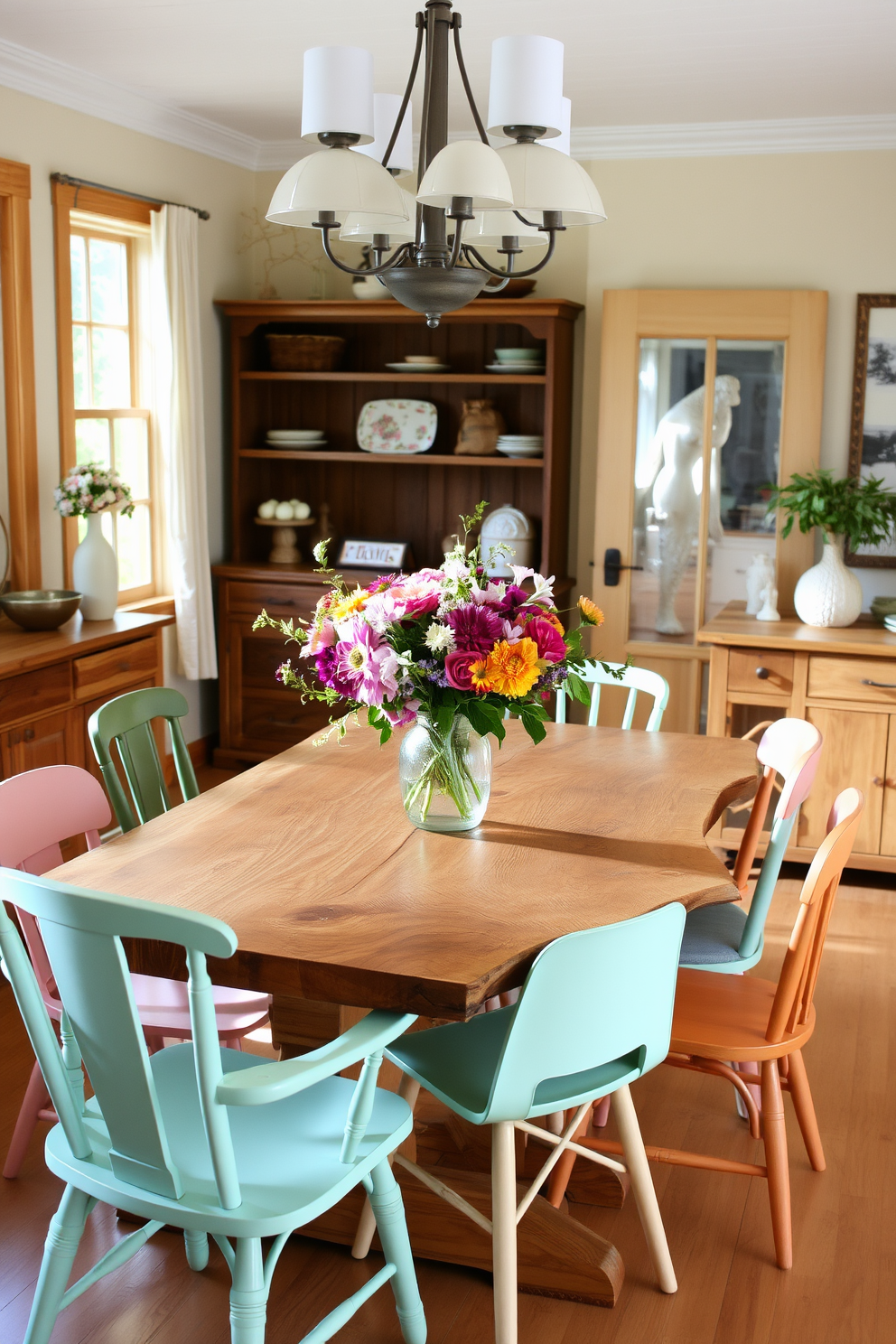 A summer dining room filled with natural light and warmth. The table is made of reclaimed wood with a live edge, surrounded by mismatched chairs in soft pastel colors. The centerpiece features a vibrant arrangement of seasonal flowers in a rustic vase. Natural wood accents, such as a sideboard and open shelving, enhance the rustic charm of the space.