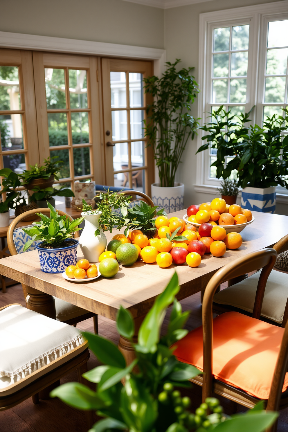 A summer dining room filled with natural light. The table is adorned with an array of vibrant citrus fruits in various sizes and colors, creating a cheerful atmosphere. Surrounding the table are comfortable chairs with soft cushions in bright hues. Fresh greenery in decorative pots complements the lively decor, enhancing the overall summer vibe.