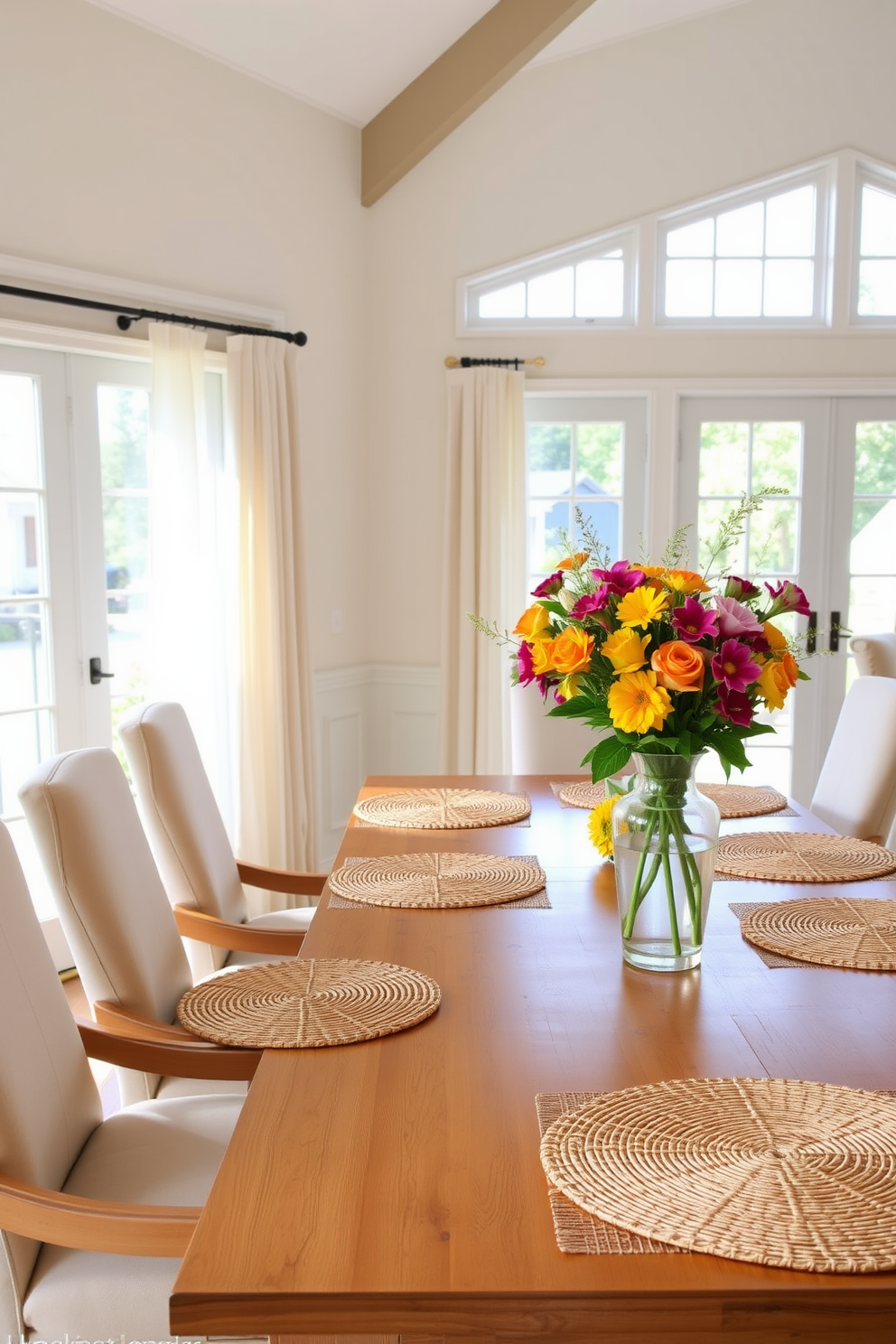 A bright and airy dining room showcases a large wooden table surrounded by elegant upholstered chairs. The table is set with woven placemats that add texture and warmth, complemented by vibrant summer-themed centerpieces. Natural light floods the space through large windows adorned with light, sheer curtains. Fresh flowers in cheerful colors are arranged in a stylish vase, enhancing the inviting atmosphere for summer gatherings.