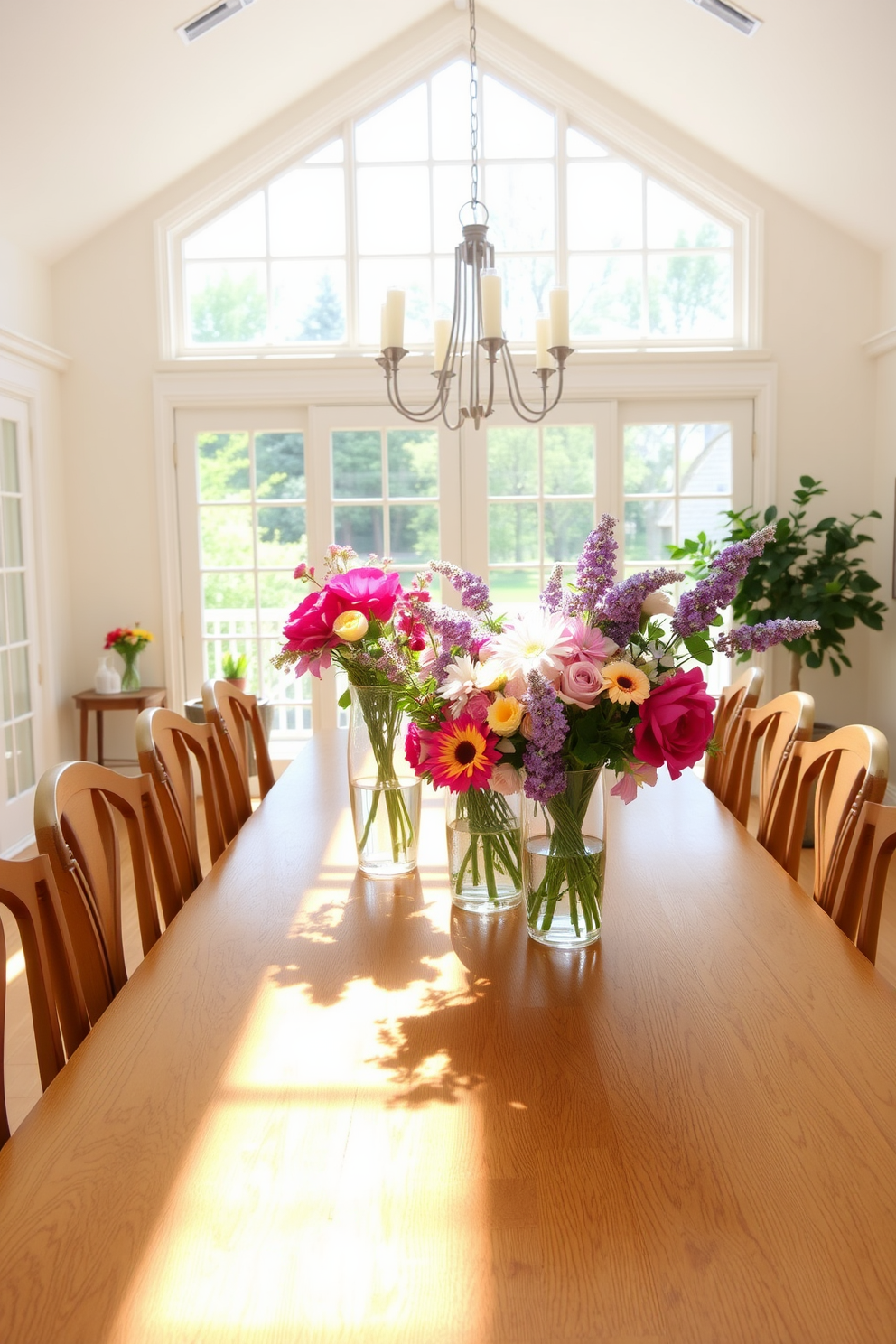 A bright and airy summer dining room features a large wooden table surrounded by elegant chairs. On the table, glass vases filled with vibrant summer blooms create a cheerful centerpiece. Soft natural light streams through large windows, illuminating the space and enhancing the fresh decor. The walls are painted in a light pastel color, complementing the floral arrangements and creating a warm atmosphere.