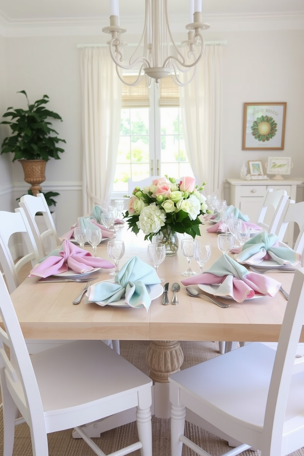 A summer dining room setting with pastel colored napkins elegantly draped over each place setting. The table is set with a light wooden finish, surrounded by white chairs, and adorned with a centerpiece of fresh flowers in soft hues.