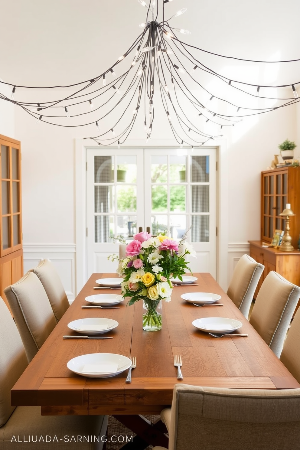 A warm and inviting summer dining room features a large wooden table surrounded by comfortable upholstered chairs. Above the table, hanging string lights create a cozy ambiance, casting a soft glow over the space. The walls are adorned with light, airy colors that enhance the brightness of the room. Fresh flowers in a vase center the table, complemented by simple yet elegant tableware that invites casual dining.