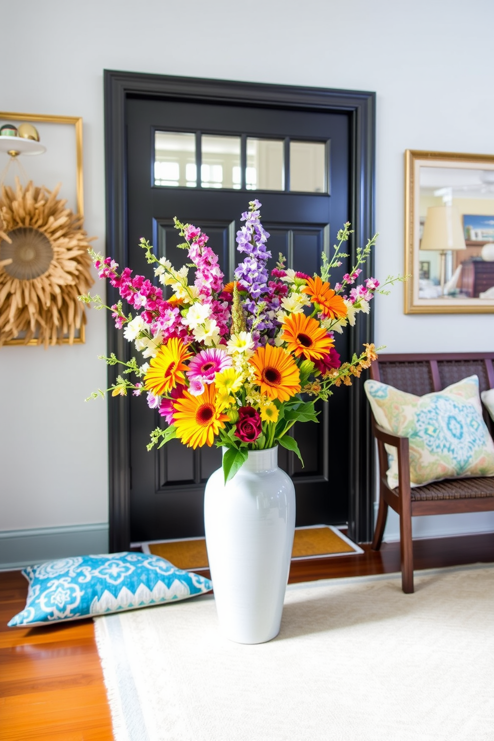 Brighten the entryway with vibrant fresh flower arrangements in a stylish vase. Incorporate seasonal elements like colorful throw pillows and a light, airy rug to create a welcoming atmosphere.