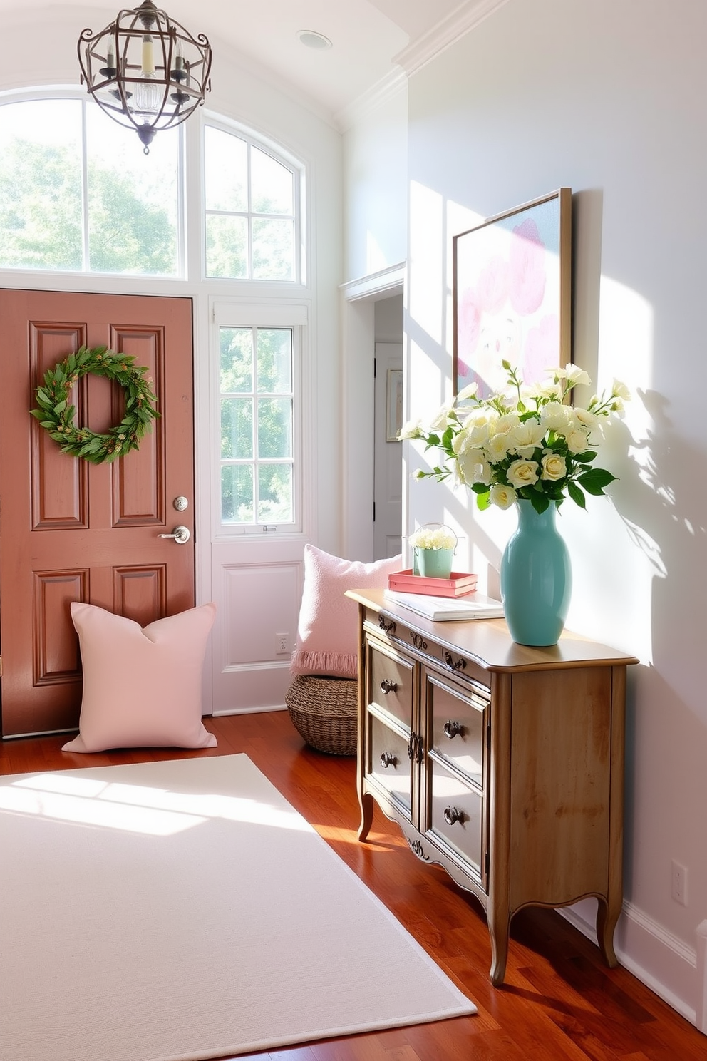 A bright and airy entryway adorned with pastel-colored decor. Soft pink and mint green accents are featured in the throw pillows and a light rug, creating a welcoming atmosphere. A vintage wooden console table stands against the wall, topped with a pastel blue vase filled with fresh flowers. Sunlight streams through the window, illuminating a cheerful pastel artwork hanging nearby.