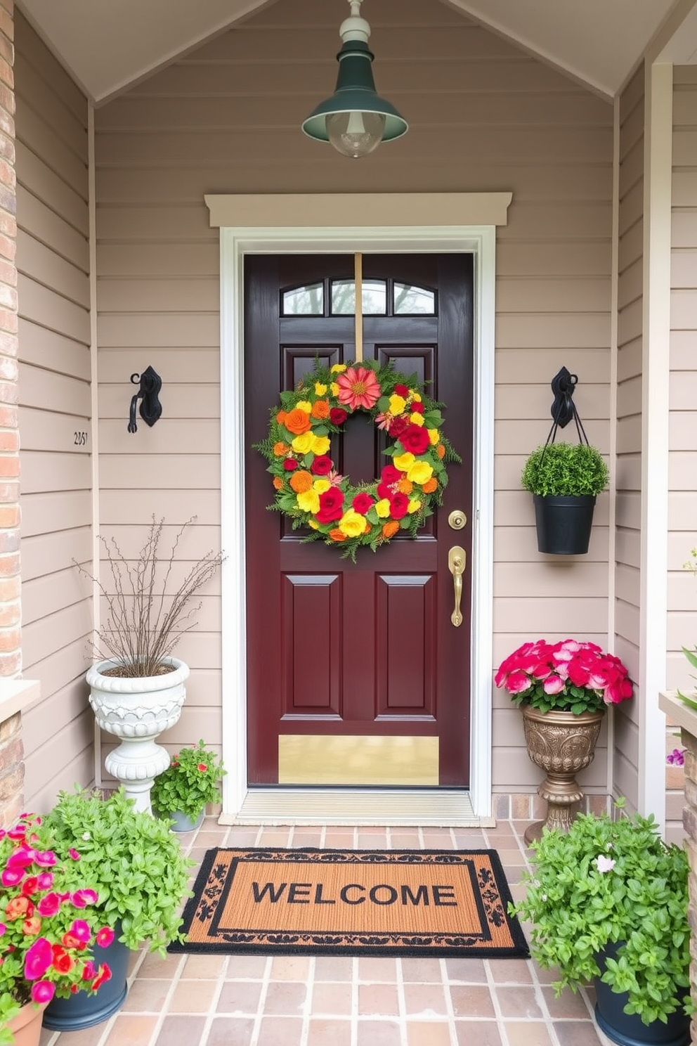 A charming summer entryway adorned with a vibrant seasonal wreath on the door. The entry features a welcoming mat and potted plants flanking the entrance, creating an inviting atmosphere.