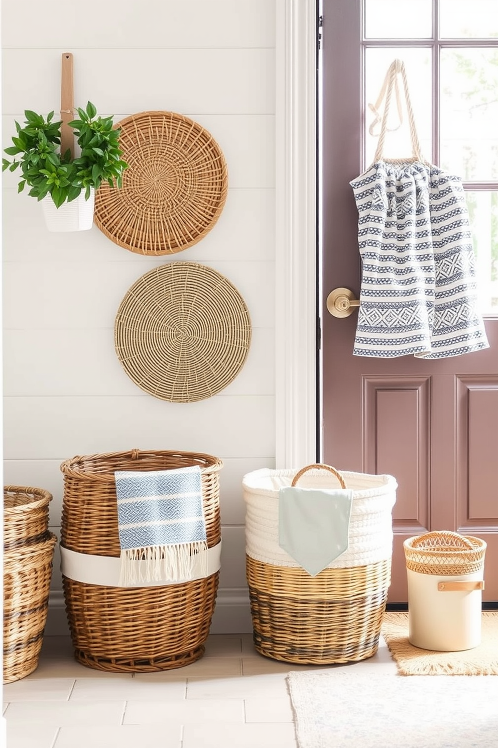 Create a bright and inviting entryway that showcases decorative baskets for storage. Incorporate natural textures and colors to enhance the summer vibe, with a mix of woven and fabric baskets arranged neatly by the door.