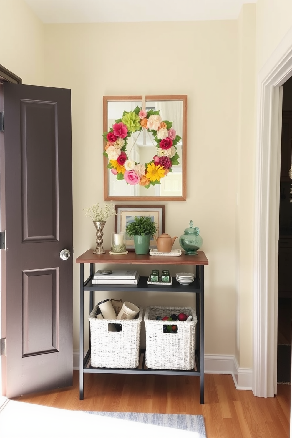 A bright and inviting entryway features a small console table adorned with decorative items and essential everyday items. The walls are painted in a soft pastel hue, and a vibrant summer-themed wreath hangs on the door, welcoming guests with seasonal charm.