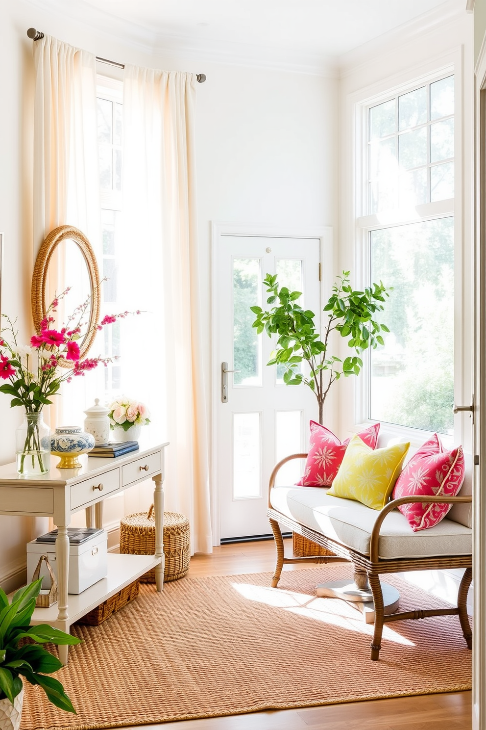 A bright and inviting entryway features light and airy curtains that gently frame a large window, allowing natural light to flood the space. The walls are painted in a soft pastel hue, complemented by a stylish console table adorned with fresh flowers and decorative accents. A cozy seating area includes a comfortable bench covered in a light fabric, with colorful throw pillows adding a pop of summer vibrancy. The floor is adorned with a woven rug that enhances the warm and welcoming atmosphere of the entryway.