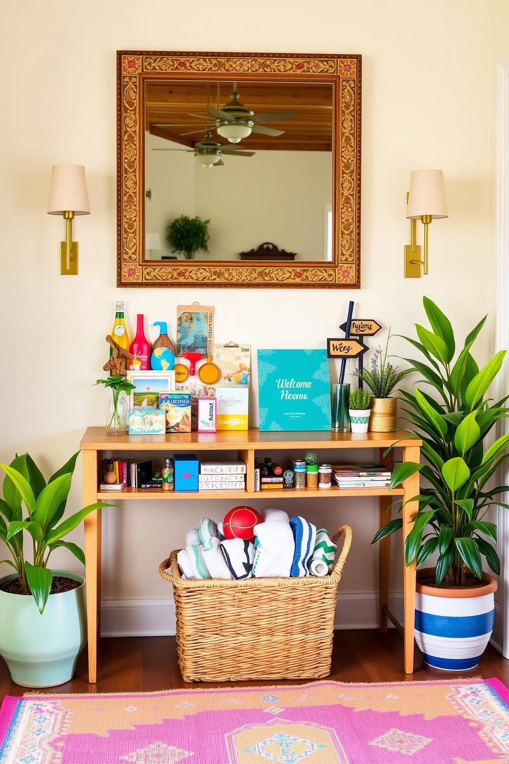 A warm and inviting entryway features a console table adorned with an array of travel souvenirs collected from around the globe. Above the table, a large mirror reflects the vibrant colors of the souvenirs, creating a personal touch that welcomes guests. To enhance the summer vibe, a bright area rug in cheerful hues lies beneath the table, while potted plants in varying heights flank either side. A statement piece, such as a woven basket filled with beach towels, adds a functional yet decorative element to the space.