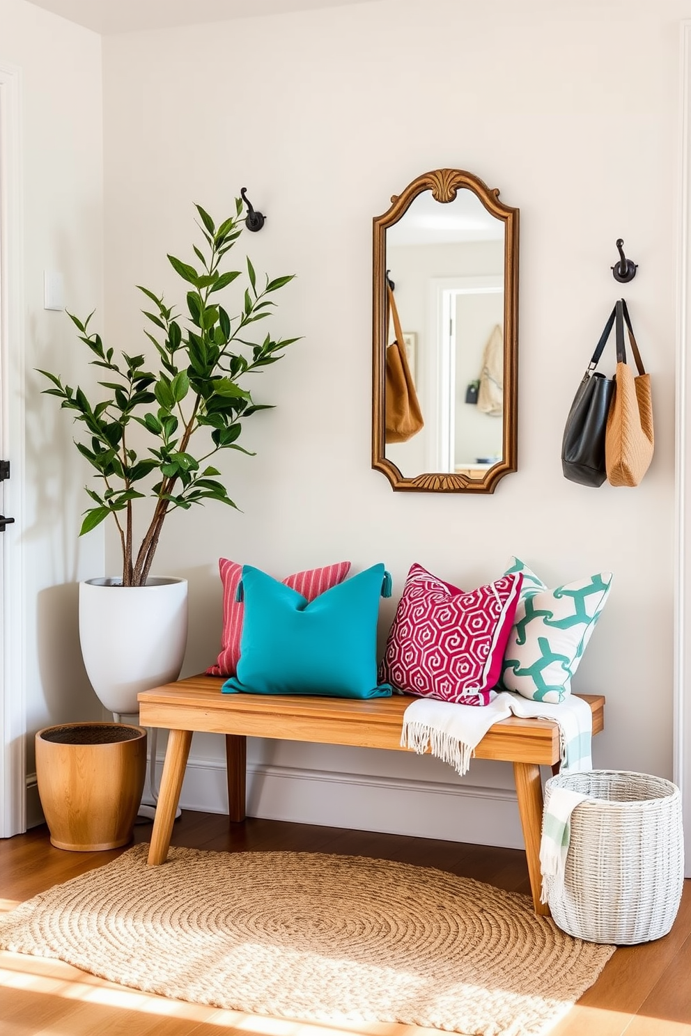 A bright and airy entryway that welcomes guests with a blend of textures. A woven jute rug lies beneath a sleek wooden bench adorned with colorful throw pillows. On one side, a tall potted plant adds a touch of greenery while a vintage mirror reflects natural light. The walls are painted in a soft pastel hue, complemented by decorative wall hooks for hanging bags and hats.