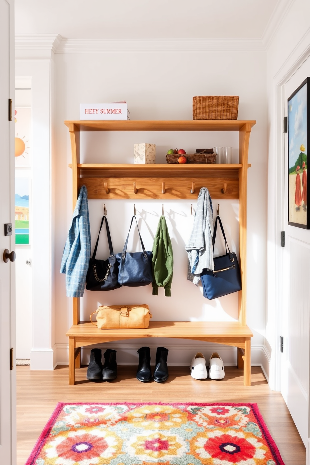 A bright and inviting entryway features a stylish coat rack made of natural wood, elegantly designed with multiple hooks for hanging coats and accessories. The walls are adorned with cheerful summer-themed artwork, and a vibrant area rug adds a pop of color to the space.