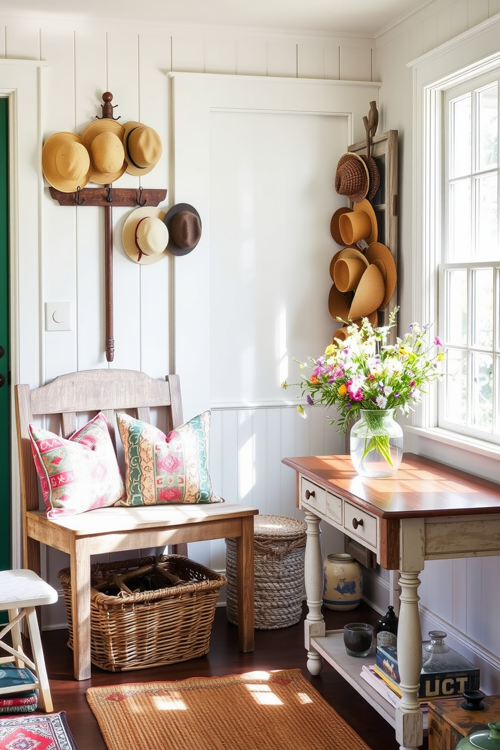 A charming summer entryway filled with vintage pieces that evoke nostalgia. A weathered wooden bench sits against the wall, adorned with colorful throw pillows and a woven basket underneath for storage. A collection of antique hats hangs on a rustic coat rack beside the door. Sunlight streams through a large window, illuminating a vintage console table topped with a vase of fresh wildflowers.