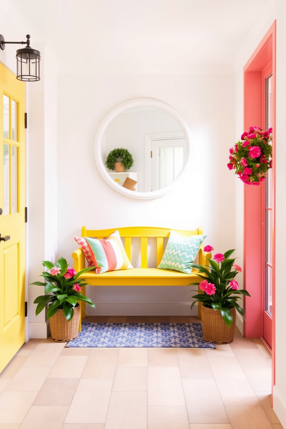 A bright and cheerful entryway filled with summer vibes. The walls are painted in a soft pastel hue, and a vibrant yellow bench is placed against one side, adorned with colorful throw pillows. A large round mirror with a white frame hangs above the bench, reflecting the natural light from the nearby window. Potted plants with lush green leaves and bright flowers are positioned on either side of the entryway, creating a welcoming atmosphere.