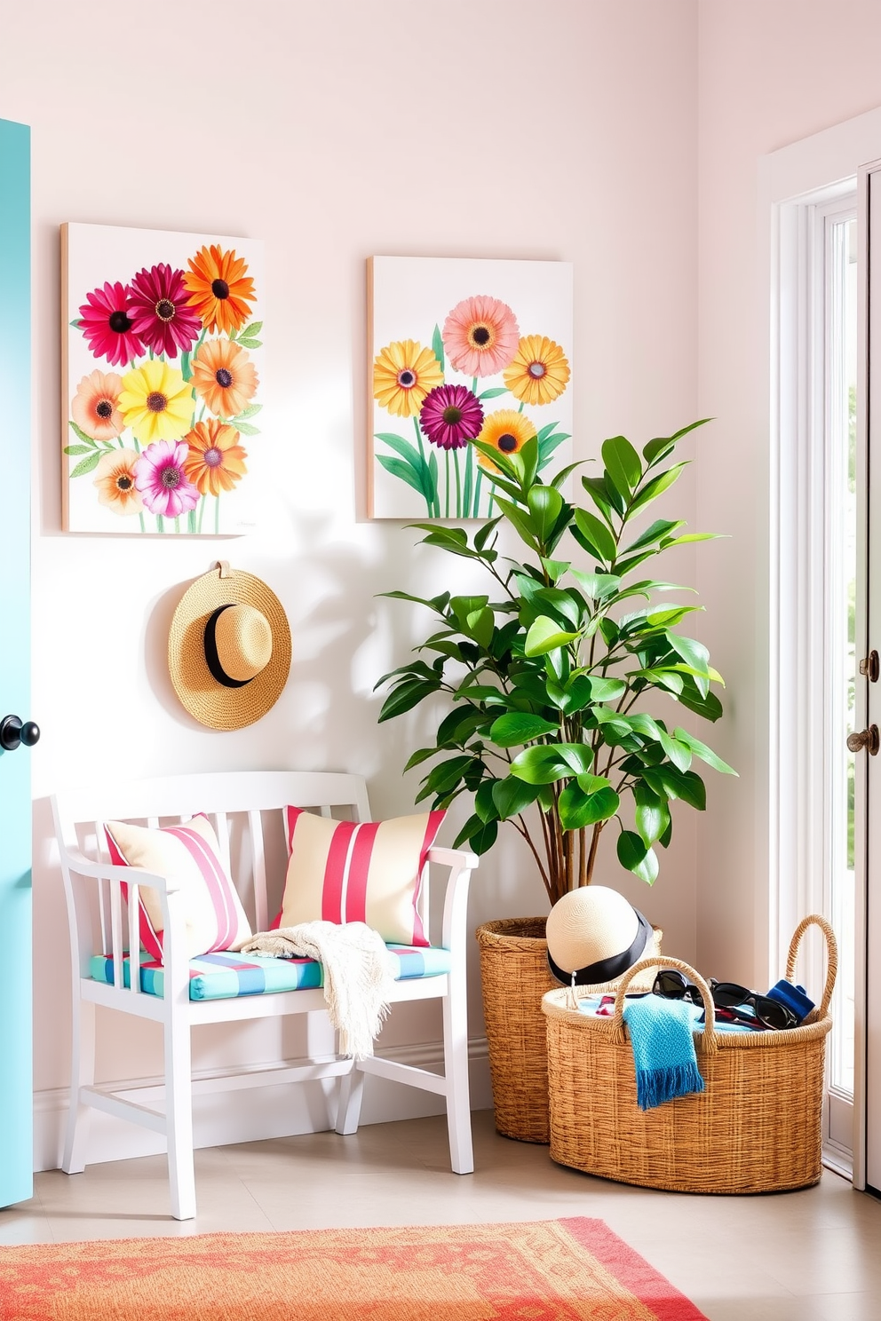 A bright and inviting entryway adorned with summer-themed decor. The walls are painted in a soft pastel hue, and a stylish bench with colorful cushions is positioned against one side. A large potted plant adds a refreshing touch, while a woven basket holds summer accessories like hats and sunglasses. A cheerful wall art piece featuring vibrant flowers completes the seasonal ambiance.