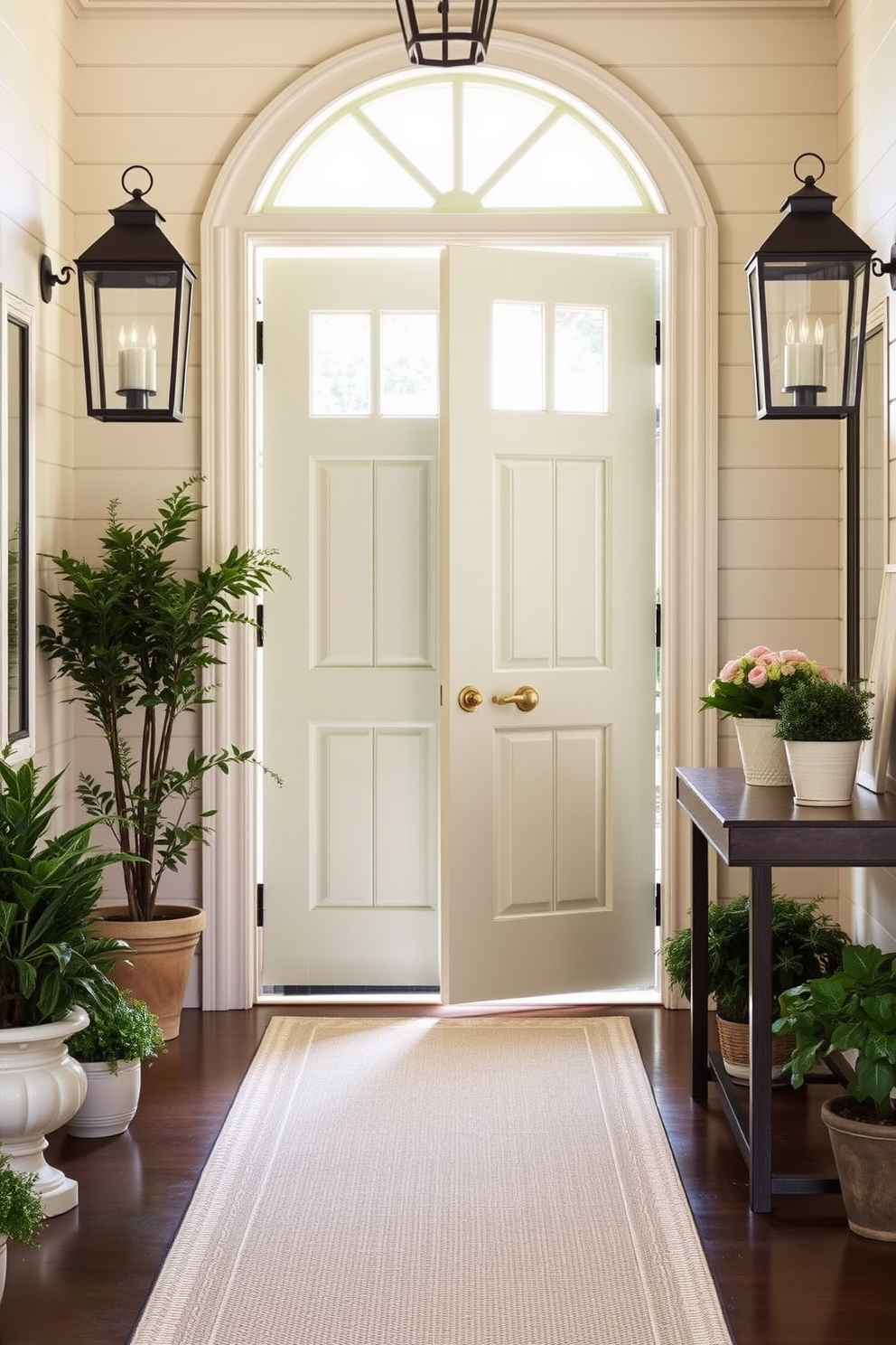 A bright and inviting summer entryway features a large wooden door painted in a soft pastel hue. Flanking the door are two elegant lanterns that cast a warm glow, welcoming guests into the space. The entryway is adorned with fresh greenery, including potted plants and a vibrant floral arrangement on a console table. A light-colored runner rug adds a touch of comfort, complementing the overall serene atmosphere.