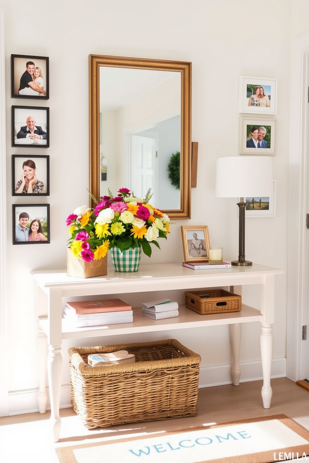 A bright and inviting summer entryway features a light-colored console table adorned with a vibrant floral arrangement. The walls are decorated with a gallery wall of framed photos showcasing cherished memories, creating a personal touch that welcomes guests. A large mirror above the console table reflects natural light, enhancing the airy feel of the space. A woven basket sits beneath the table, providing storage for shoes and summer accessories, while a cheerful welcome mat greets everyone at the door.