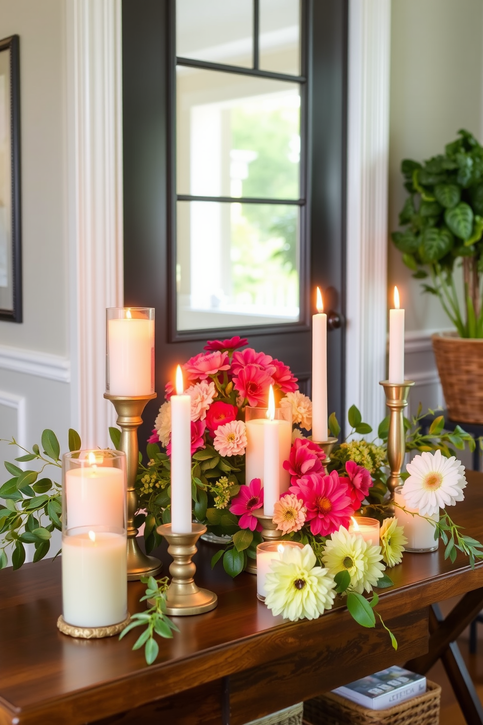 Create a welcoming entryway filled with the warm glow of candles placed strategically on a wooden console table. Surround the candles with fresh flowers and greenery to enhance the summer vibe and invite guests into your home.