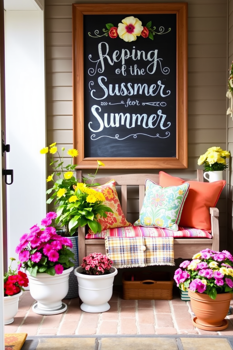 A charming entryway decorated for summer features a large chalkboard displaying cheerful seasonal greetings. Surrounding the chalkboard are vibrant potted plants and a cozy bench adorned with colorful cushions.