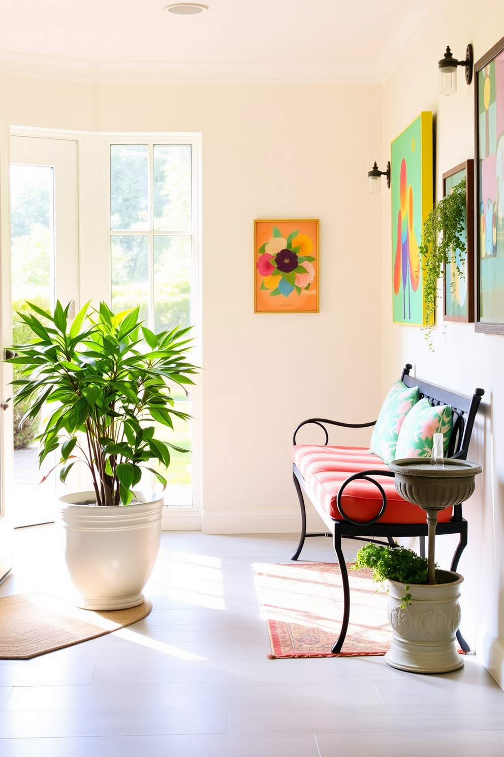 A bright and inviting summer entryway filled with natural light. A large potted plant sits beside the door, adding a touch of greenery and freshness to the space. The walls are painted in a soft pastel color, creating a cheerful atmosphere. A decorative bench with colorful cushions is placed against one wall, providing a cozy spot for guests to sit. A small water feature, such as a tabletop fountain, adds a sense of tranquility and calming sounds. Brightly colored artwork hangs on the walls, reflecting the vibrant energy of summer.