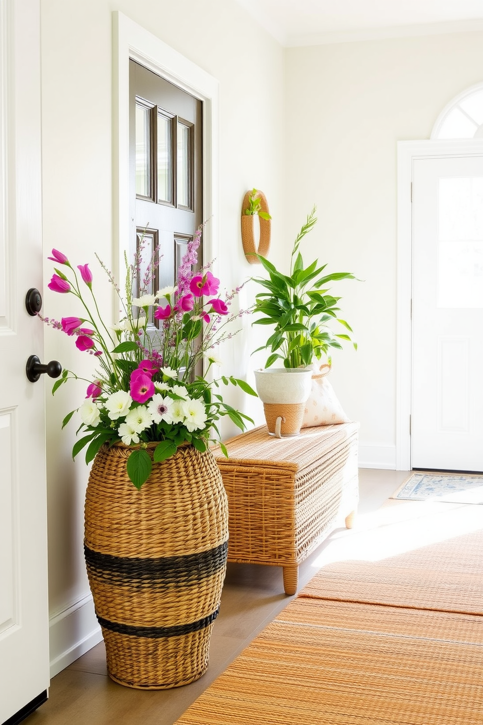 A bright and airy entryway adorned with wicker and seagrass elements. A large seagrass basket sits by the door, filled with fresh summer blooms and greenery. The walls are painted in a soft pastel hue, complementing a wicker bench that invites guests to sit. Natural light streams in through a nearby window, illuminating a seagrass rug that adds warmth to the space.