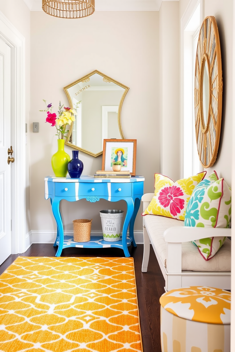 Create a vibrant entryway that showcases playful patterns in decor items. Incorporate a bright patterned rug that invites guests in, paired with a whimsical console table adorned with colorful vases and framed art. Add a statement mirror with a unique shape that reflects the lively atmosphere. Use cushions with bold prints on a nearby bench to enhance the cheerful summer vibe.