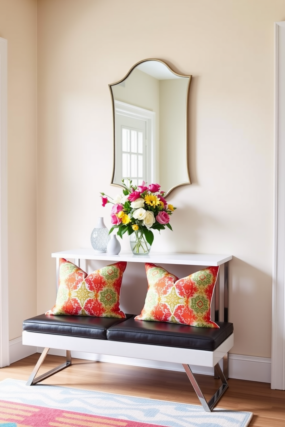 A bright and inviting entryway featuring a stylish console table adorned with a vibrant arrangement of fresh flowers. Flanking the table, a pair of colorful throw pillows are placed on a sleek bench, adding a pop of color and comfort to the space. The walls are painted in a soft pastel hue, creating a warm and welcoming atmosphere. A chic mirror hangs above the console, reflecting the natural light that floods in through a nearby window.