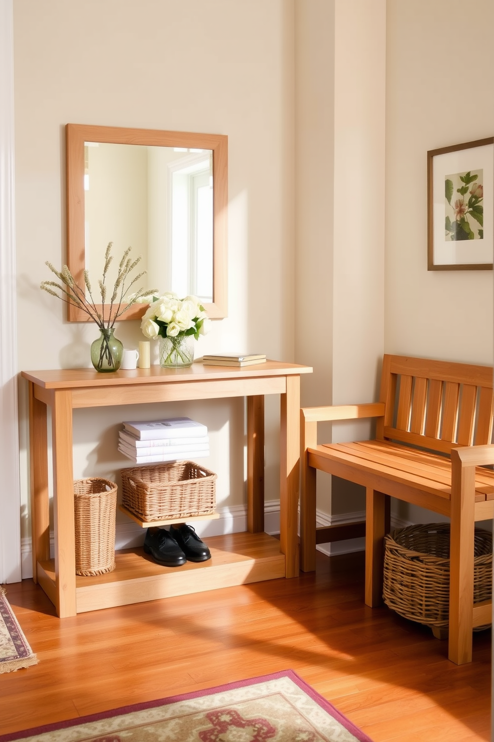 A bright and inviting entryway features natural wood furniture that exudes warmth and charm. A console table with a smooth finish is adorned with a simple vase of fresh flowers and a stylish mirror above it, reflecting light into the space. To the side, a wooden bench offers a comfortable spot for putting on shoes, complemented by a woven basket underneath for storage. The walls are painted in a soft beige, and a patterned rug adds a touch of color and texture to the hardwood floor.