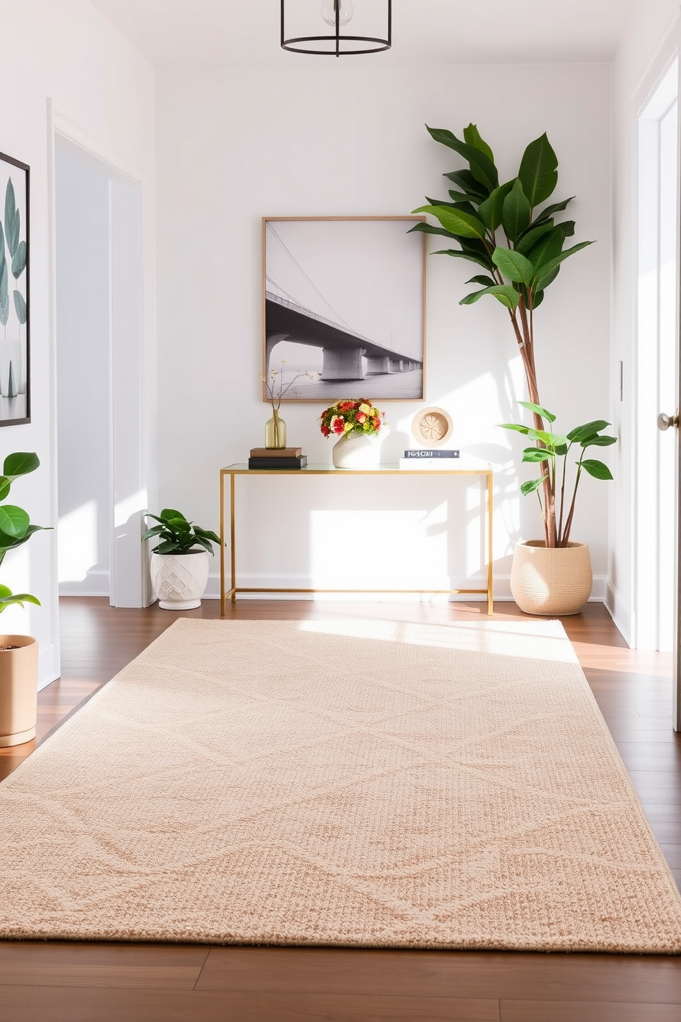 A welcoming entryway features a large, textured area rug in soft neutral tones that invites guests inside. Flanking the rug are potted plants with vibrant green leaves, creating a fresh and lively atmosphere. The walls are adorned with light, airy artwork that complements the rug's color palette. A stylish console table sits against one wall, topped with decorative items and a small vase of seasonal flowers.