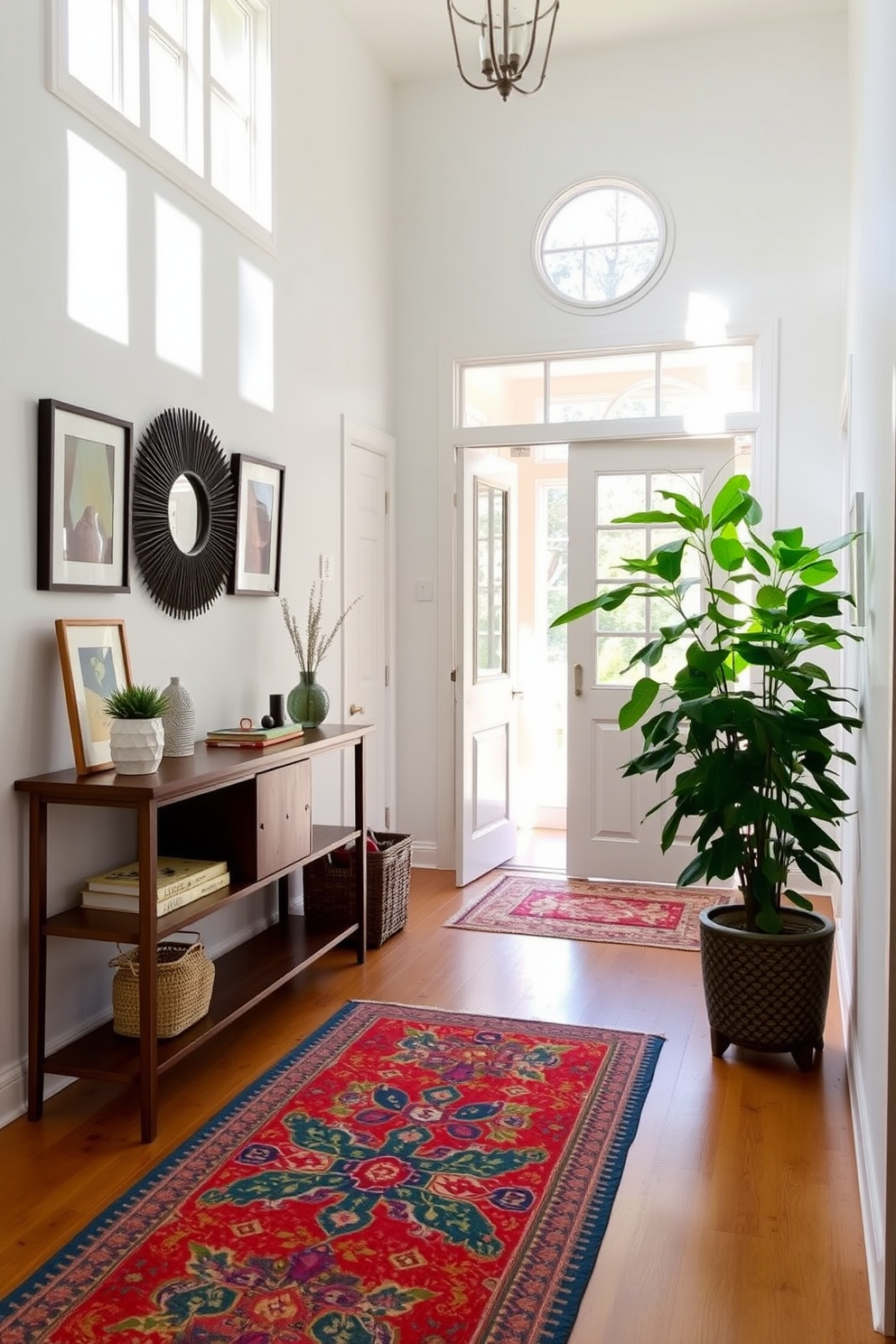 A bright and inviting entryway filled with natural light. The space features a stylish console table against the wall, adorned with decorative items and a small potted plant for a touch of greenery. On the floor, a colorful area rug adds warmth and texture. A large potted plant stands in the corner, creating a refreshing atmosphere that welcomes guests into the home.