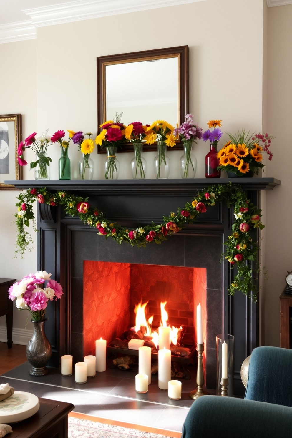 A cozy living room features a charming fireplace adorned with a beautiful mantel. The mantel is decorated with an array of colorful summer flowers in vibrant vases, creating a cheerful and inviting atmosphere. The fireplace itself is surrounded by a tasteful arrangement of decorative elements, including candles and seasonal decor. Soft, warm lighting enhances the ambiance, making it the perfect space for relaxation and gatherings.