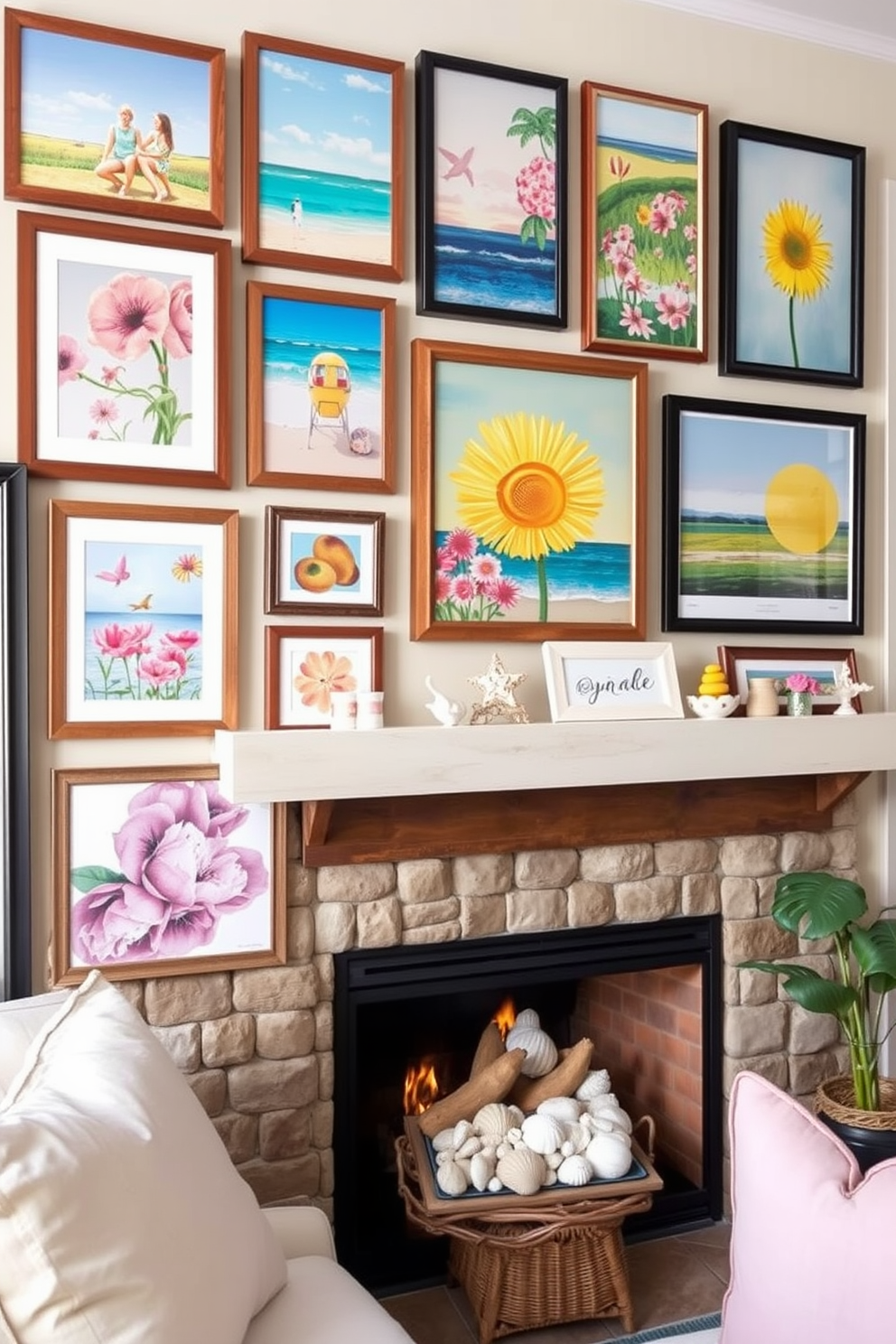 Create a gallery wall featuring an array of vibrant summer prints. The prints include beach scenes, floral patterns, and sunny landscapes, all framed in a mix of wood and metal frames. Design a cozy fireplace setting for summer. Incorporate light, airy decor such as seashells, driftwood accents, and a pastel color palette to evoke a relaxed beach vibe.