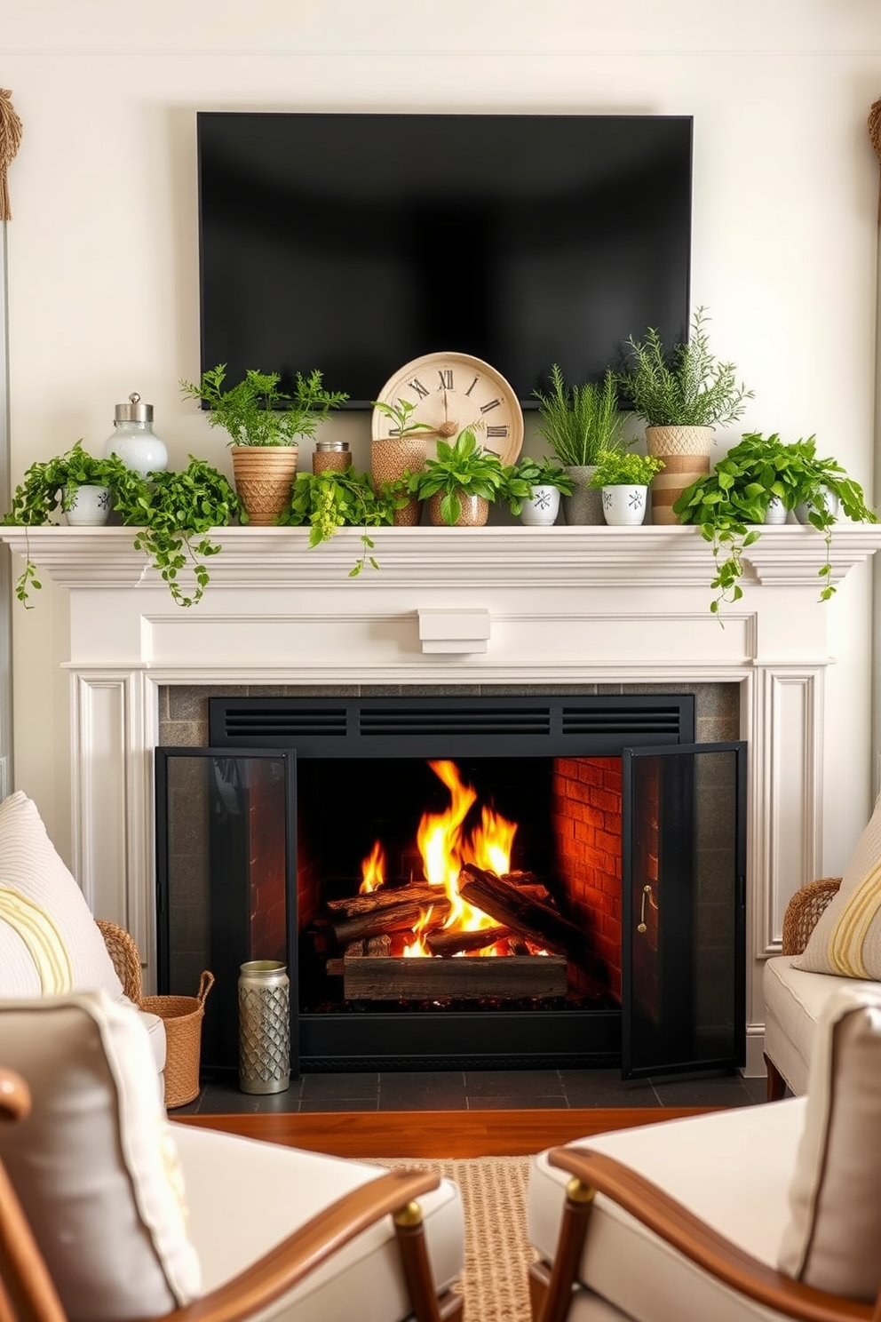 A cozy living room featuring a summer fireplace adorned with decorative elements. The mantel is decorated with vibrant potted herbs, adding freshness and a touch of nature to the space. Surrounding the fireplace, comfortable seating is arranged to encourage conversation. Soft, textured cushions in light colors complement the warm glow of the flames, creating an inviting atmosphere.