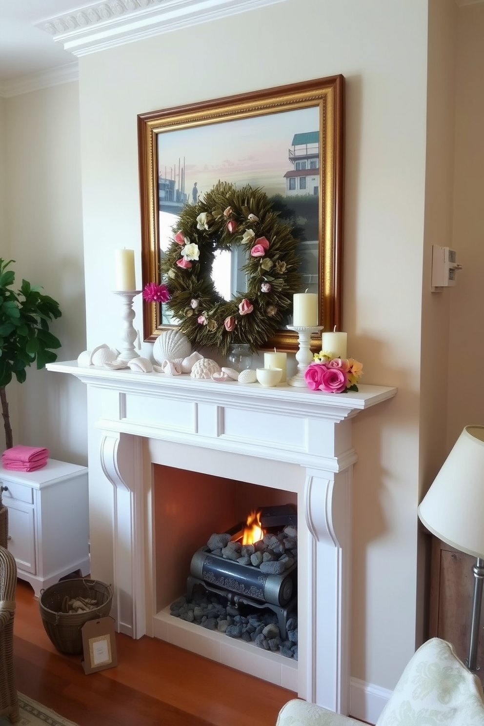 A light-colored mantel serves as a striking contrast against the warm tones of the fireplace. The mantel is adorned with a collection of summer-themed decorations, including seashells, candles in soft pastels, and a vibrant floral arrangement.