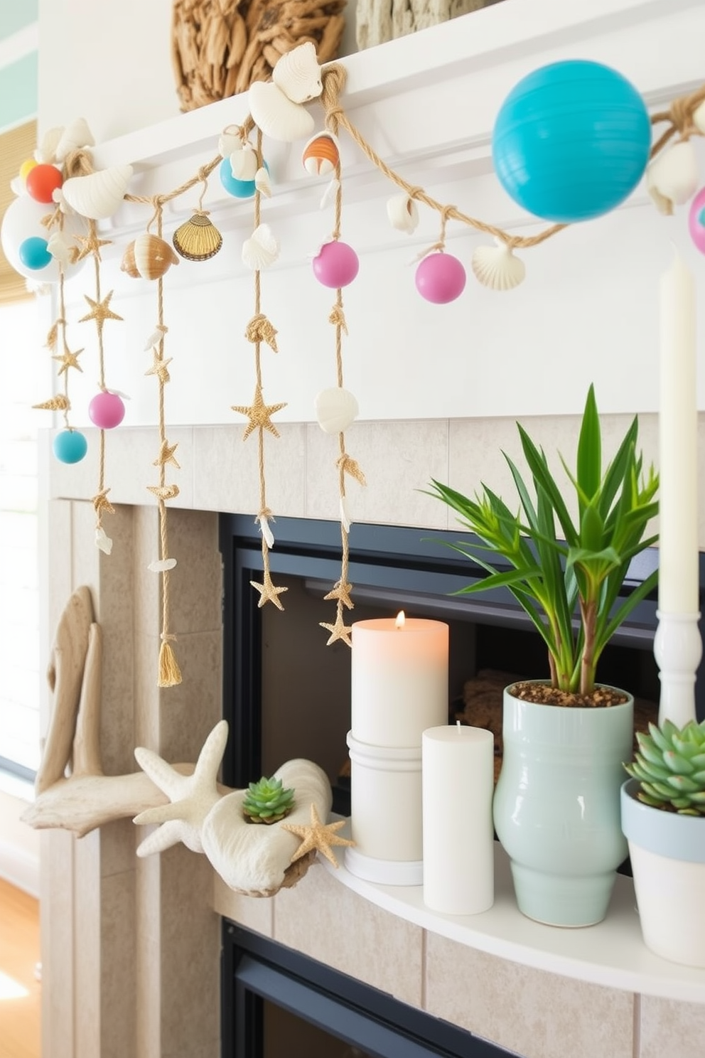 Create a whimsical beach-themed garland that features an array of seashells, starfish, and colorful beach balls strung together with natural jute twine. The garland should evoke a sense of summer fun and coastal charm, perfect for draping over a mantel or hanging on a wall. Design a cozy fireplace setting for summer that incorporates light and airy decor. Use soft pastel colors and incorporate elements like driftwood, beach-inspired candles, and potted succulents to create a relaxed and inviting atmosphere.