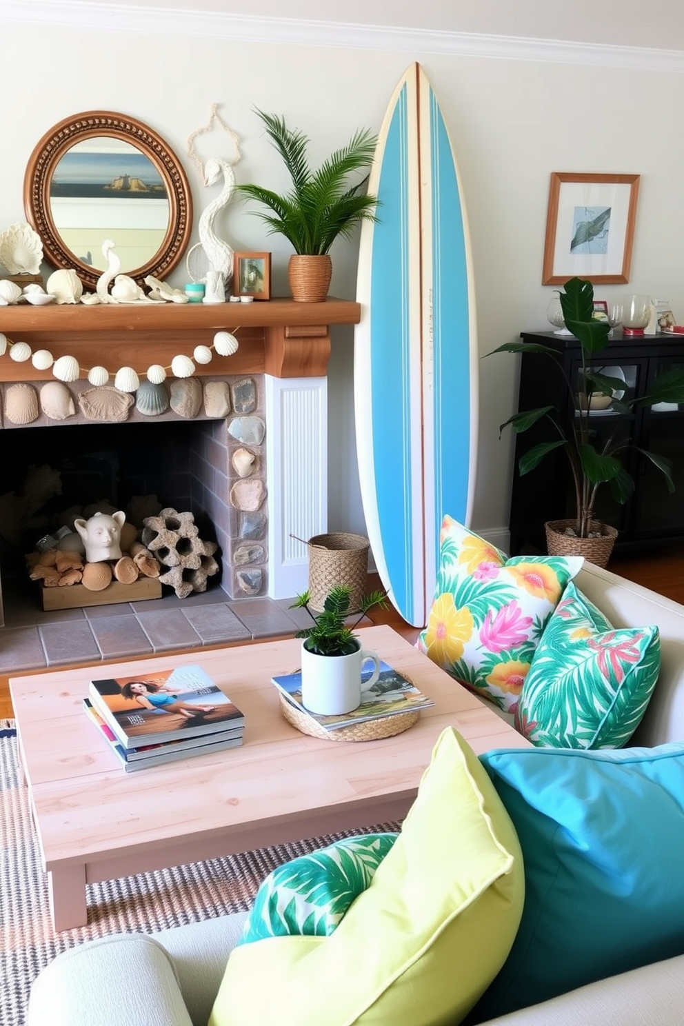 A cozy living room setting featuring a summer-themed fireplace. The fireplace is adorned with seashells and beach-themed decor, while a vintage surfboard leans against the wall as a focal point. Bright throw pillows in tropical patterns are arranged on a comfortable sofa. A light wooden coffee table holds a stack of beach magazines and a small potted plant, enhancing the relaxed summer vibe.