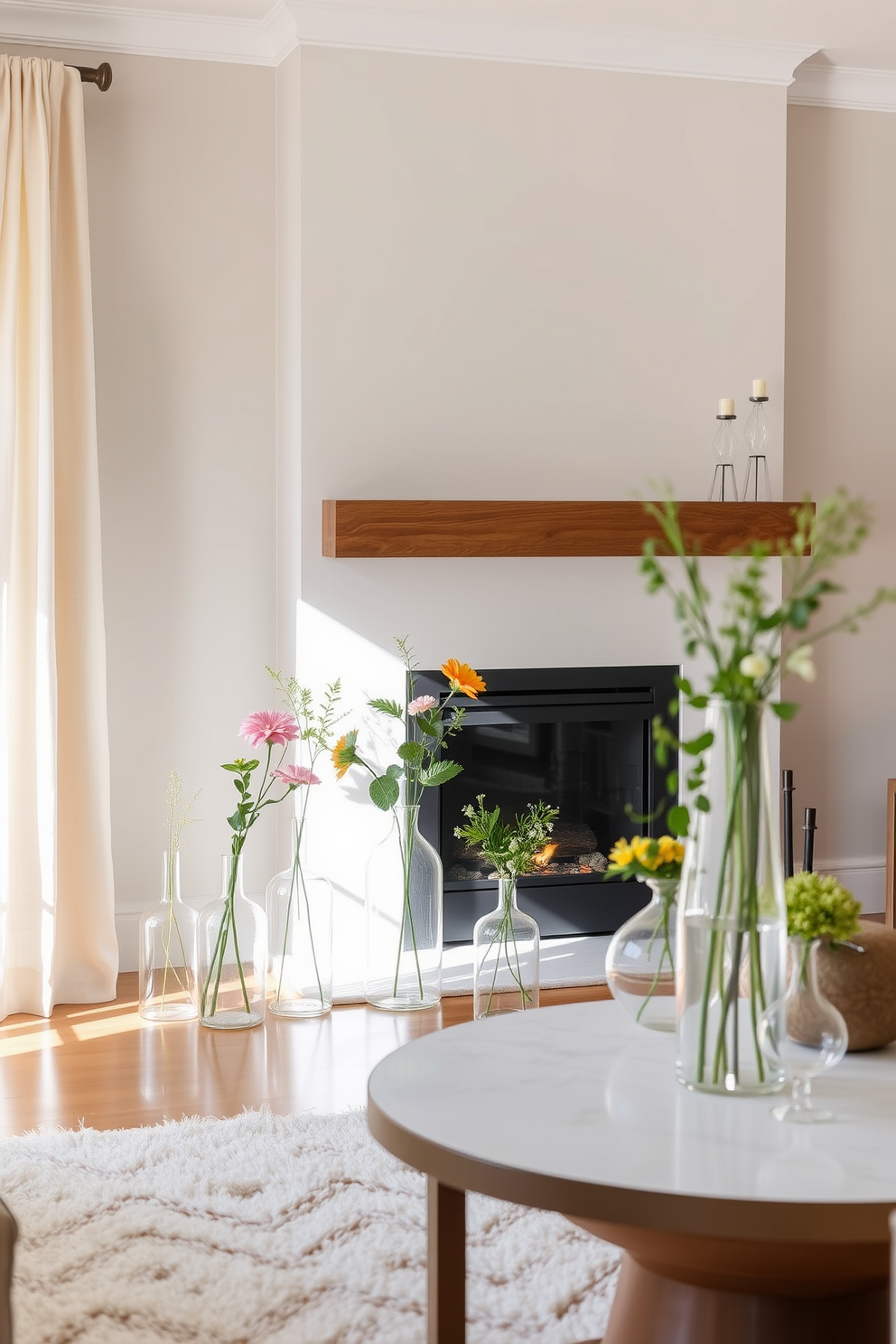 A cozy living room setting featuring a modern fireplace with a sleek design. Surrounding the fireplace, there are clear glass vases of various heights filled with seasonal flowers and greenery for a fresh summer look. The color palette includes soft neutrals and warm tones that complement the natural light streaming in. A plush area rug lies beneath a stylish coffee table, enhancing the inviting atmosphere of the space.