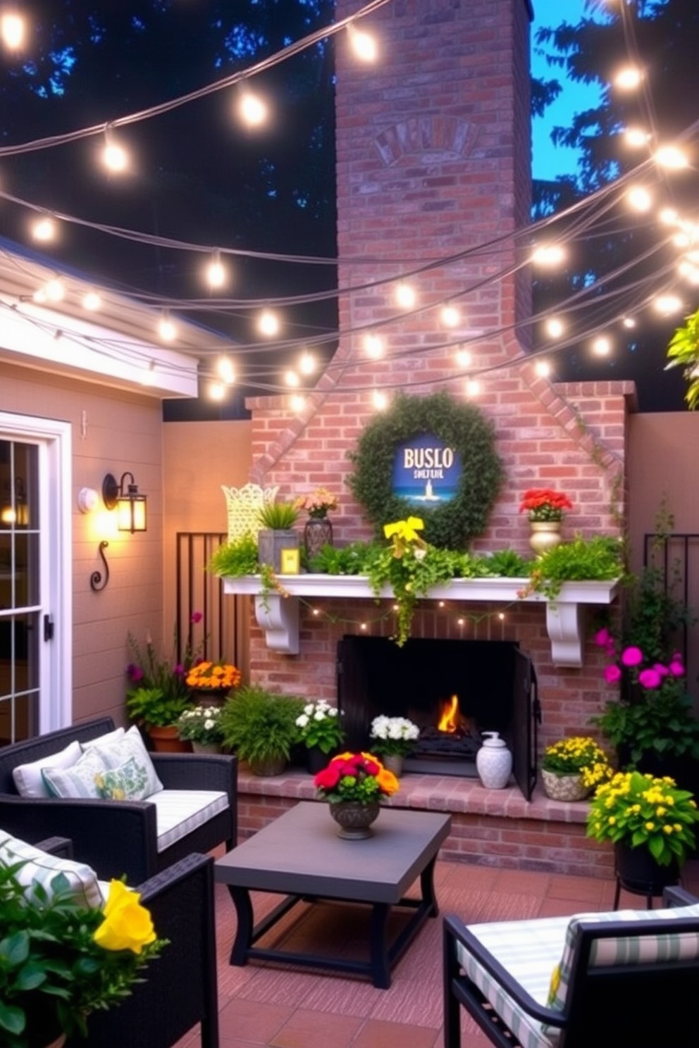 A cozy outdoor space adorned with string lights overhead, casting a warm glow on the seating area below. The lights are draped elegantly across the patio, enhancing the inviting atmosphere for evening gatherings. A beautifully decorated summer fireplace, surrounded by fresh flowers and vibrant greenery. The mantel is adorned with seasonal decorations, creating a cheerful focal point for summer evenings spent outdoors.