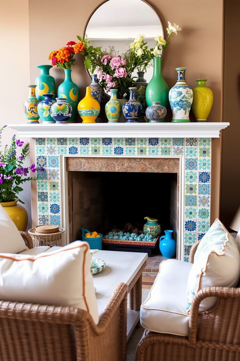 A vibrant summer fireplace setting filled with an array of colorful ceramics. The mantel is adorned with a collection of hand-painted vases in various shapes and sizes, showcasing bright blues, yellows, and greens. Surrounding the fireplace, decorative ceramic tiles in a playful pattern add a cheerful touch to the space. Plush seating in light, airy fabrics complements the lively decor, creating a welcoming atmosphere for summer gatherings.