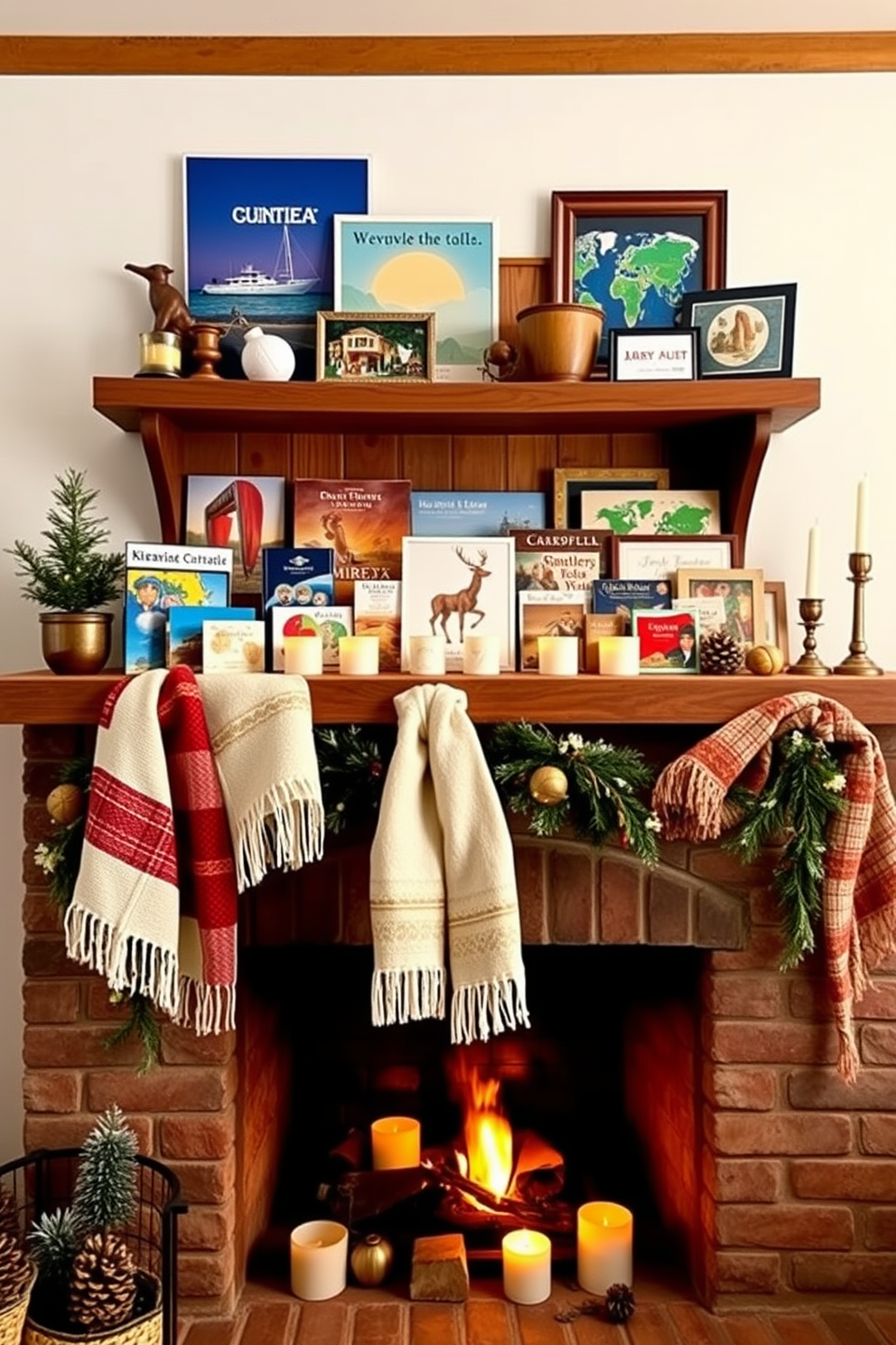 A curated display of travel souvenirs from summer trips arranged on a wooden shelf. Each item tells a story, showcasing vibrant colors and unique textures that reflect the adventures of the season. A cozy fireplace adorned with seasonal decorations for winter. Soft blankets drape over the mantel, while flickering candles and pinecones create a warm and inviting atmosphere.